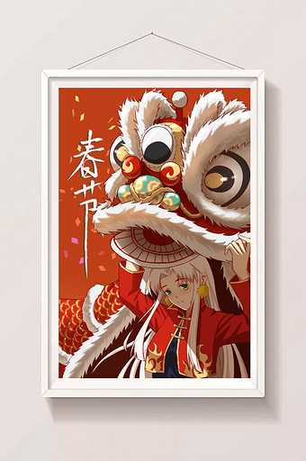 红色喜庆红火春节舞狮插画图片