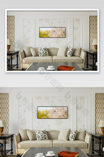 经典大气简欧客厅沙发背景墙上装饰画样机图片