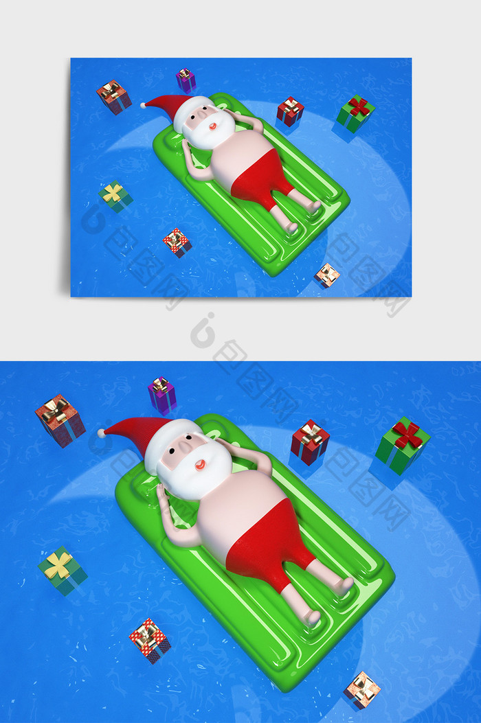 C4D卡通风格圣诞老人游泳主题IP形象