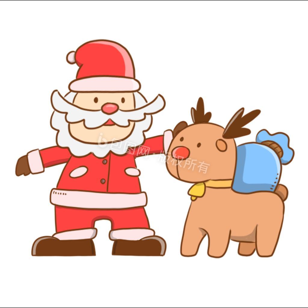 卡通可爱圣诞老人摸麋鹿元素动图GIF图片