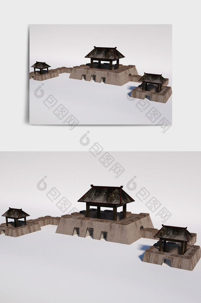 棕灰色中式仿古边关要塞建筑C4D创意场景