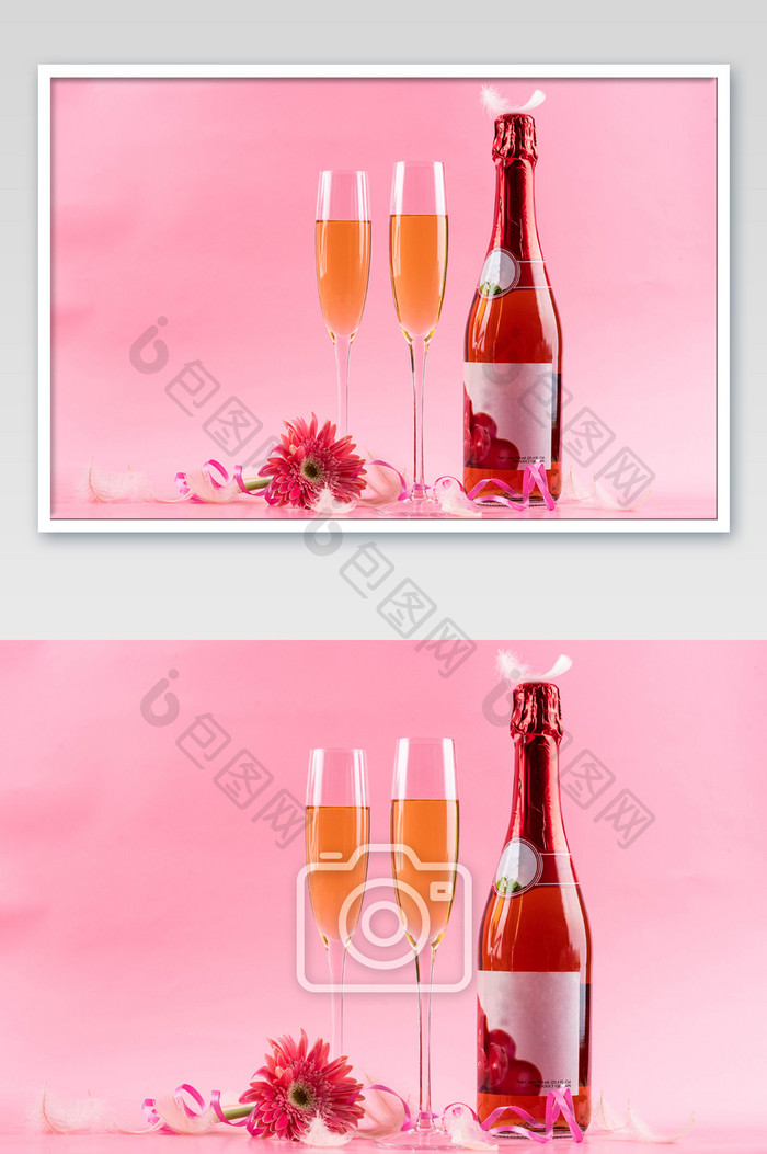 香槟酒杯和酒瓶摄影图