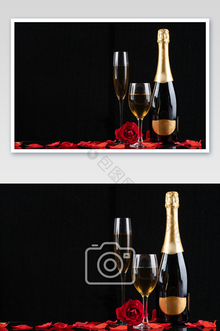 香槟酒和玫瑰花花瓣图片图片