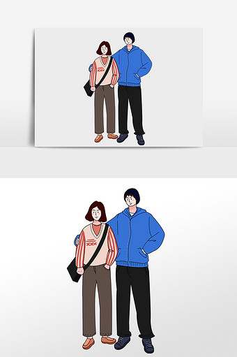 卡通街头逛街学生情侣