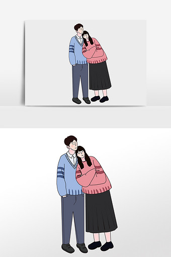 卡通街头逛街拥抱情侣