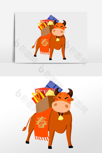 新年春节牛牛背着年货图片