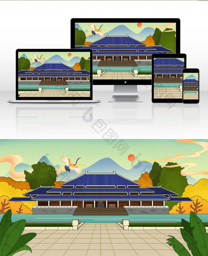 湖北绿色中国风古建筑博物馆旅游插画