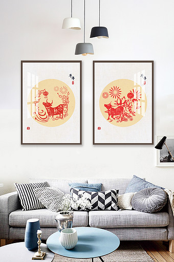 新中式牛年手绘年画版剪纸牛传统装饰画图片