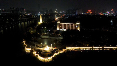 航拍东莞金鳌洲主题公园夜景