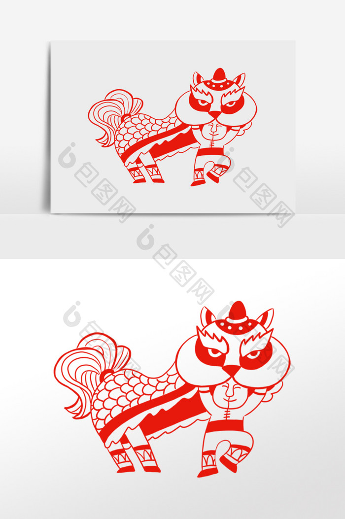 新年春节舞狮红色剪纸