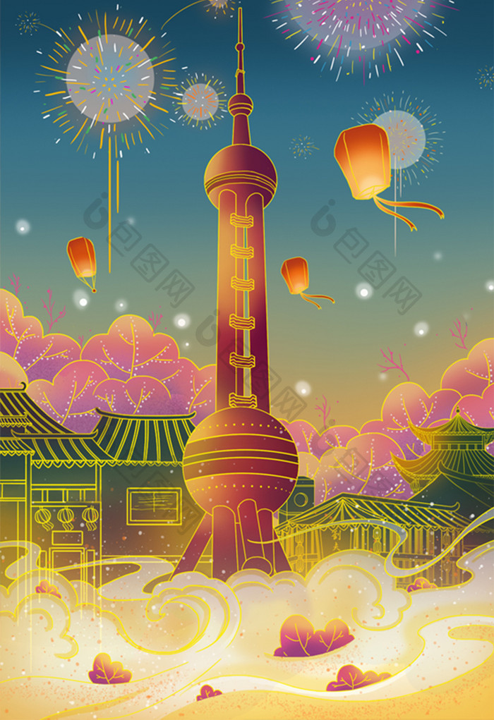 上海东方明珠新年元旦跨年烟火鎏金插画