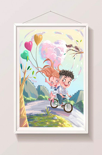 郊外骑自行车情人节插画图片