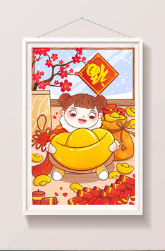 红色喜庆2021牛年女孩与牛春节插画