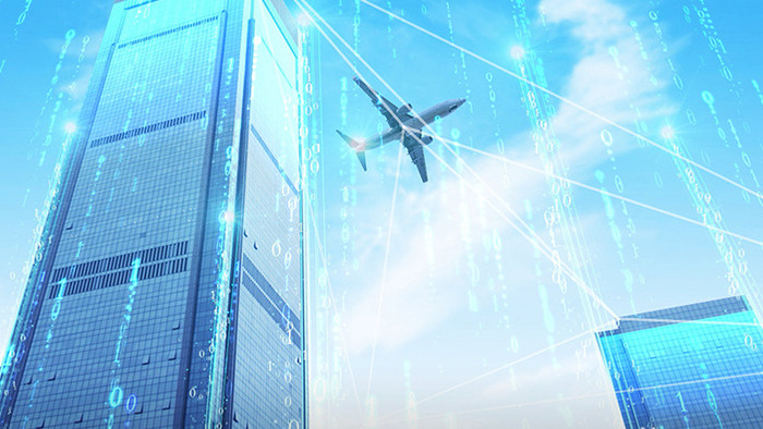 特效合成飞机飞过建筑数字科技大楼视频素材