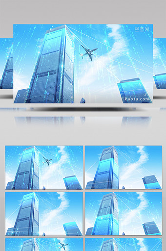 特效合成飞机飞过建筑数字科技大楼视频素材图片