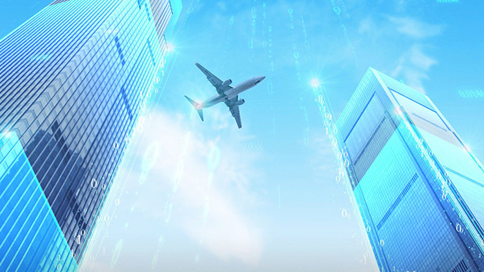 特效合成飞机飞过建筑粒子科技大楼视频素材