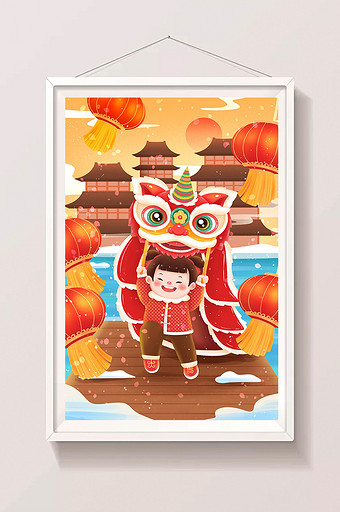 新年年俗中国福娃舞狮插画图片