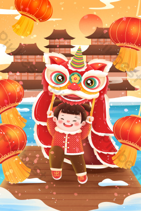 新年年俗中国福娃舞狮插画图片