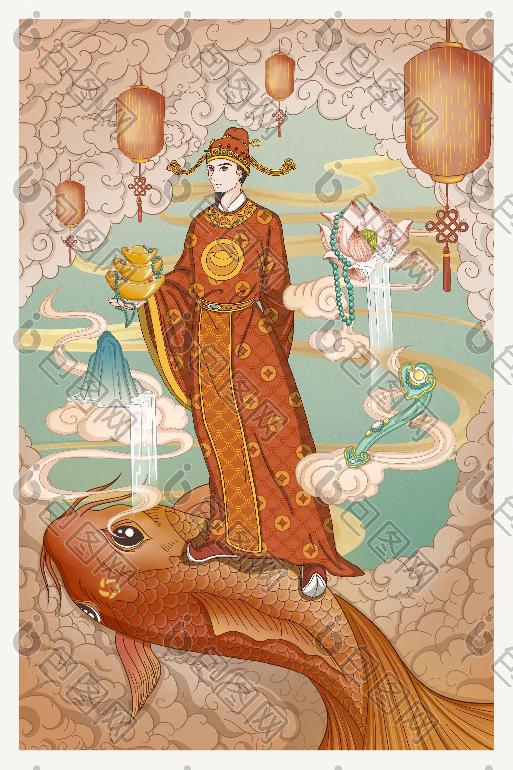 红色中国风2021年画财神财源滚滚插画