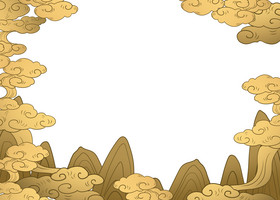 金色流云云纹山水边框金色线描山水云纹国风山水云纹扇子古风云纹山水
