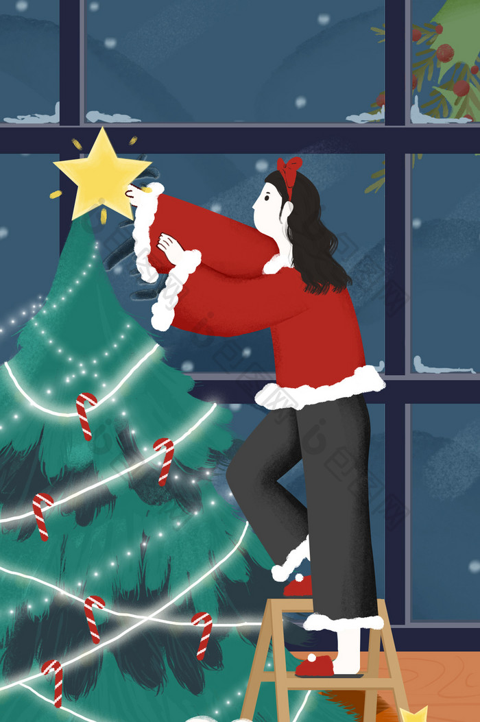 圣诞节平安夜圣诞树女孩礼物插画动图GIF