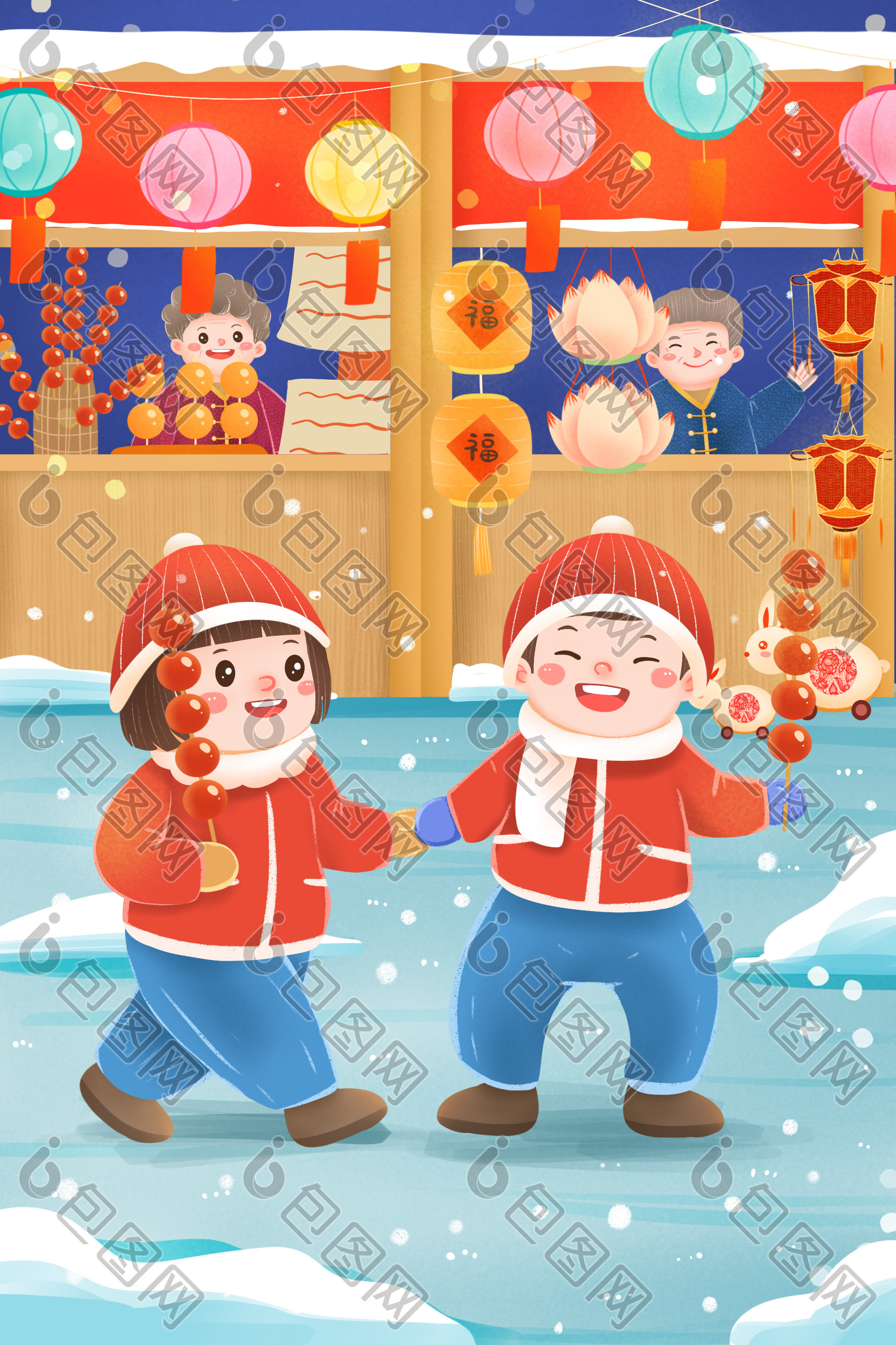 新年年俗大年初三逛庙会插画