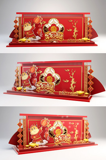 红色中国风新年商场美陈牛年装饰模型图片