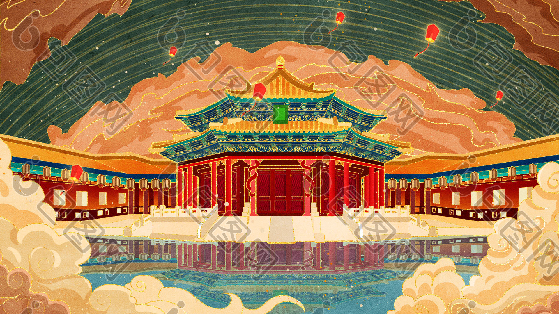 中国风国潮古风山水建筑插画