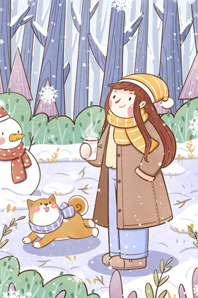 冬天女孩与柴犬在森林里插画
