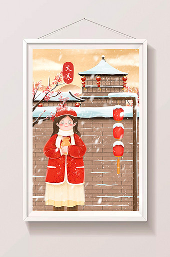 大寒雪中抱着暖水袋的女孩插画图片