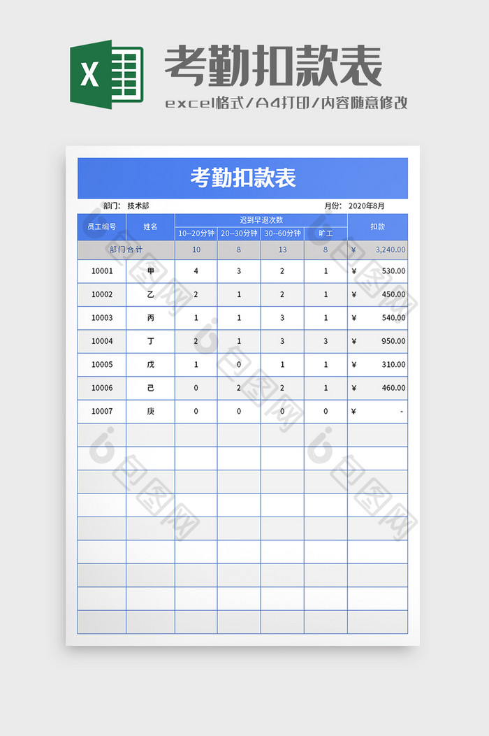 考勤扣款表excel模板