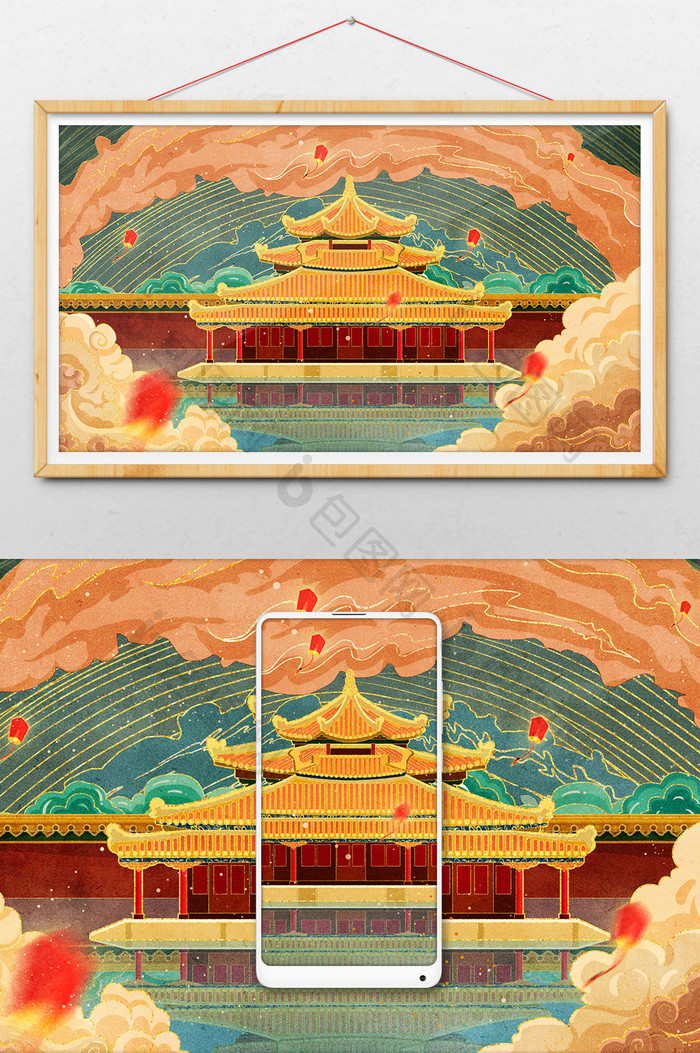 中国风国潮古风山水建筑插画