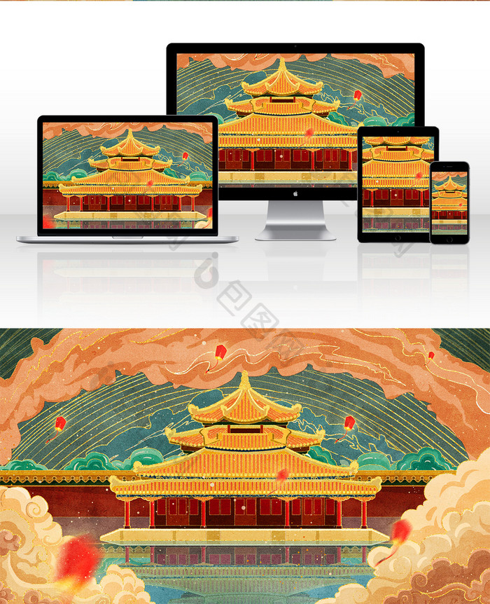 中国风国潮古风山水建筑插画