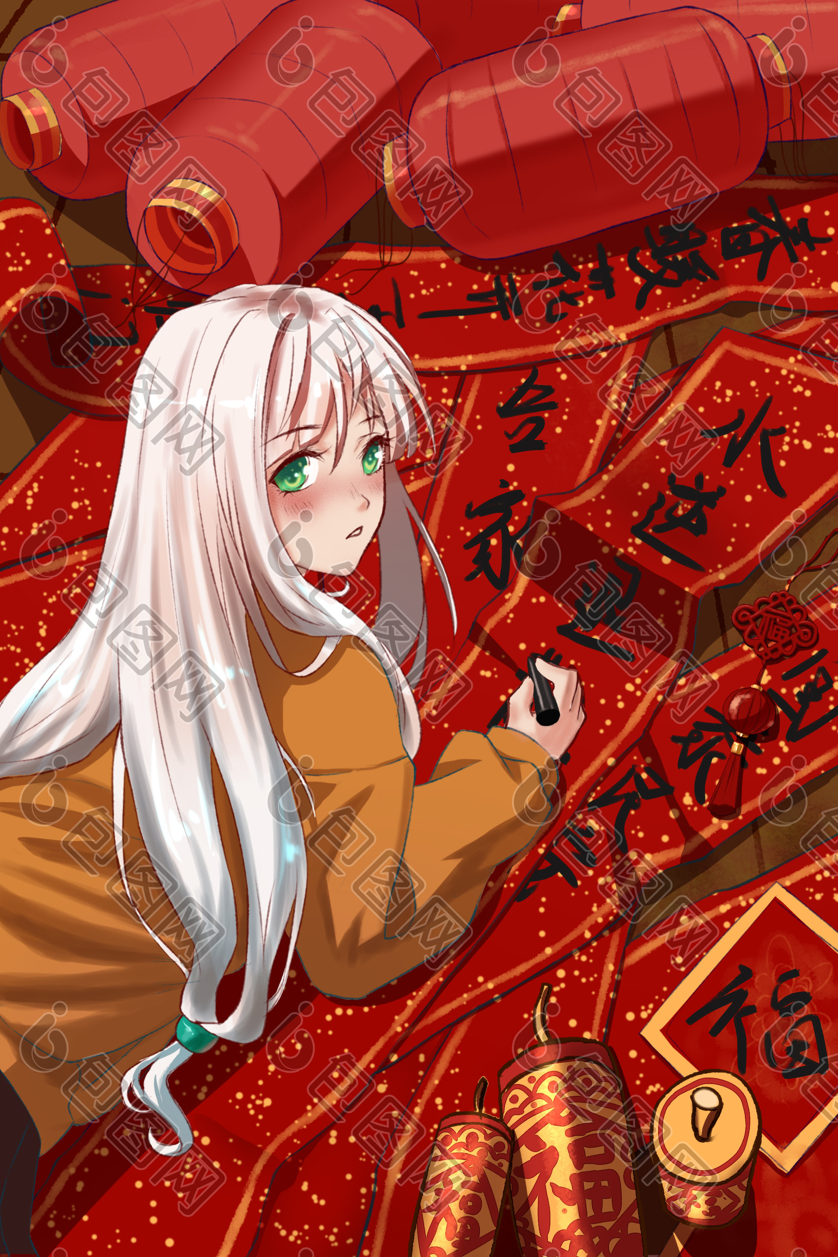 春节女孩写春联插画图片