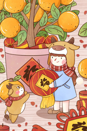 2021新年女孩与小牛插画