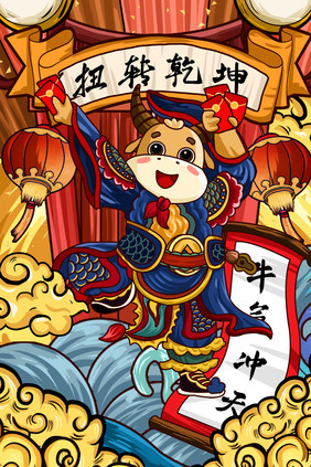 中国风国潮古风牛年新年门神年画插画