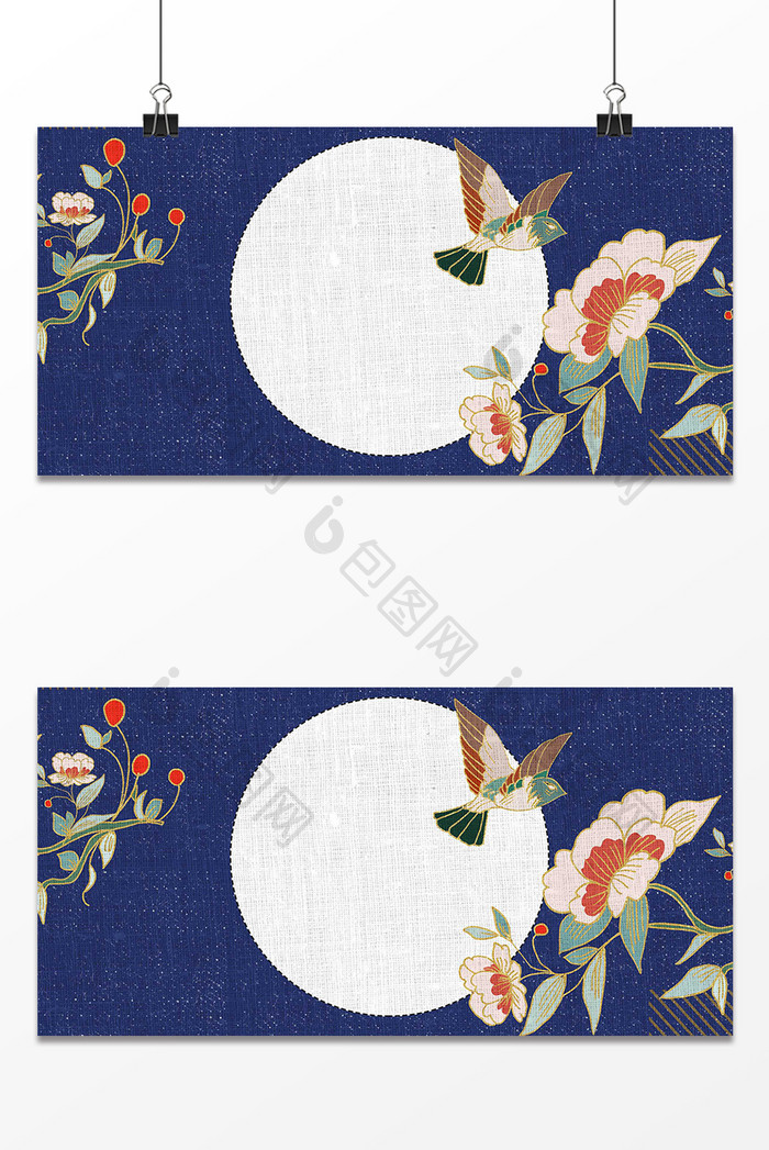 蓝色复古中国风花卉刺绣背景