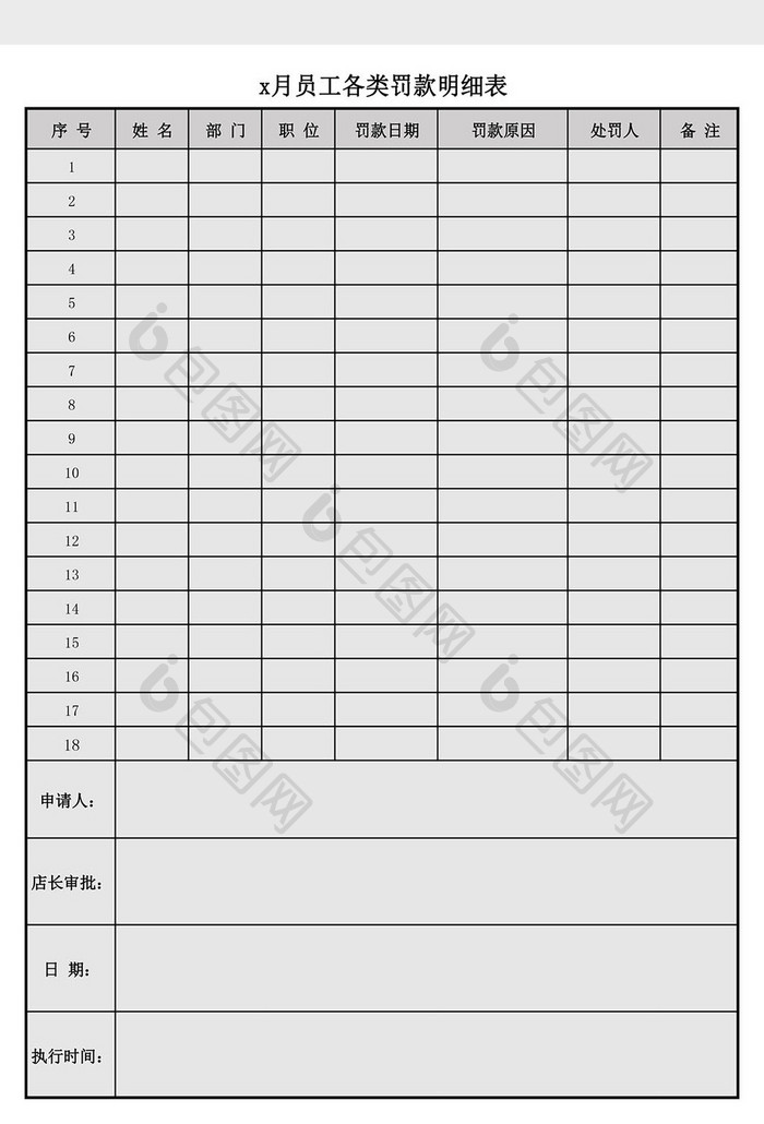 员工各类罚款明细表Excel模板