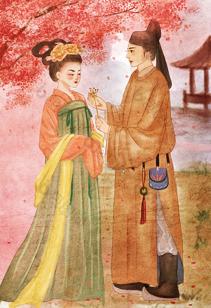 中国风古风情人节情侣插画图片