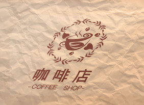 褶皱仿旧纸张上的咖啡店logo样机