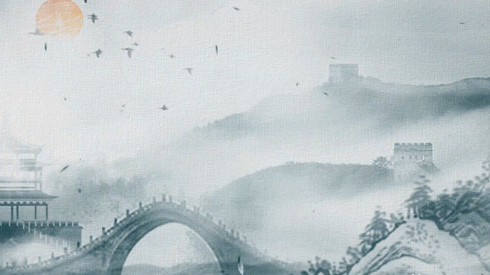 中国风复古帛画麻布纹理山水亭台背景视频