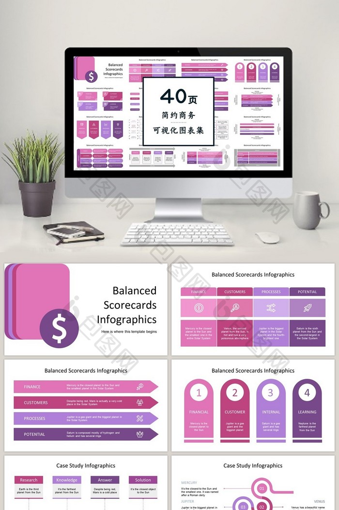 紫红色简约40页图表合集PPT模板图片图片