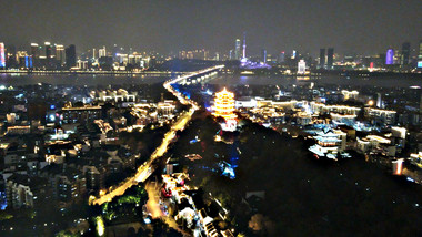 大气武汉黄鹤楼城市地标建筑夜景航拍延时