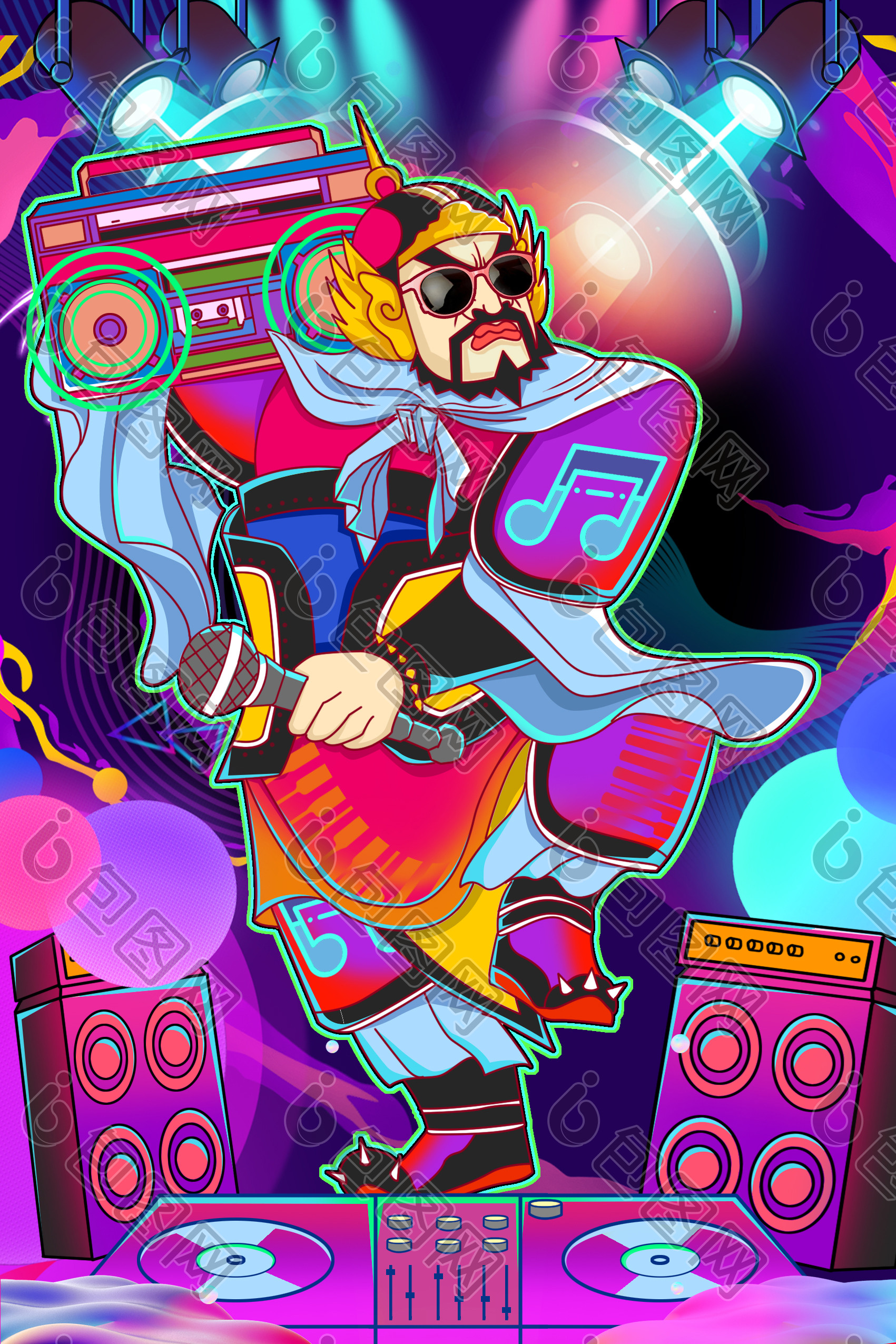 电音中国风春节门神年画插画图片