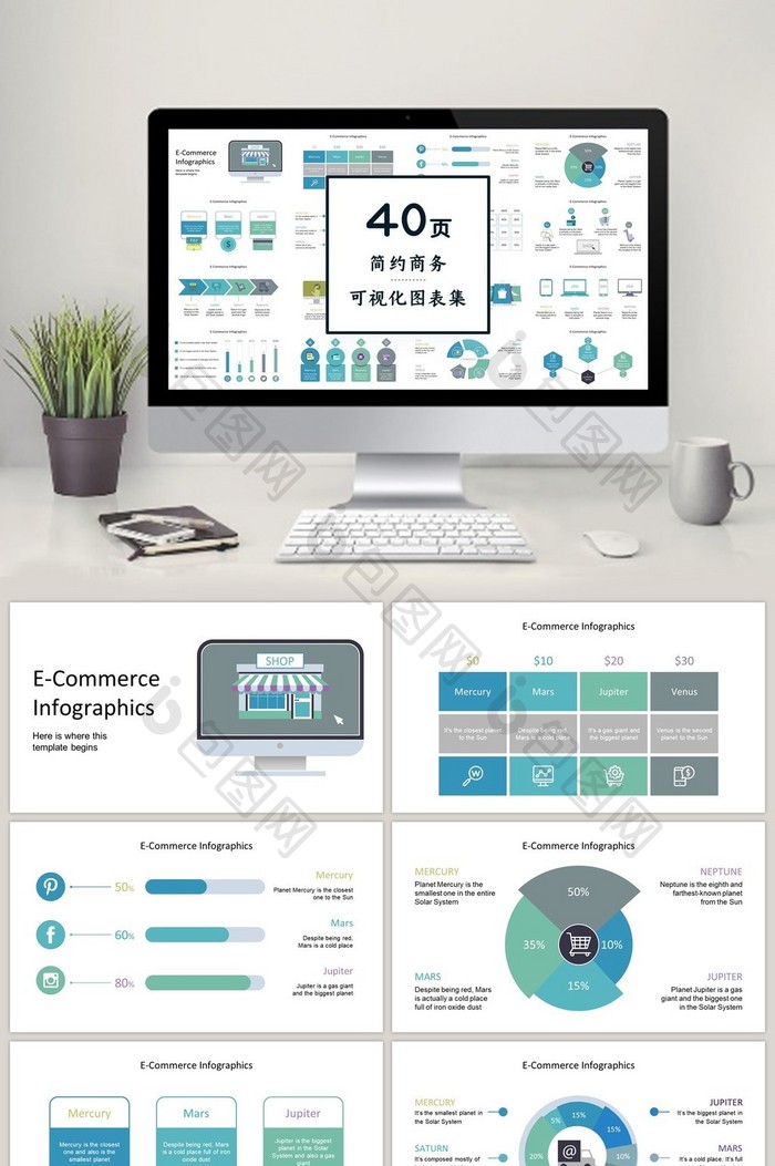 蓝绿色电商购物40页图表合集PPT模板