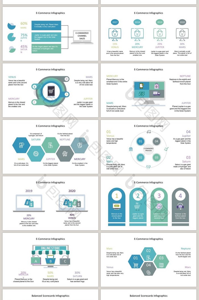 蓝绿色电商购物40页图表合集PPT模板