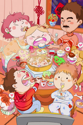新年元旦跨年全家吃火锅温馨插画图片
