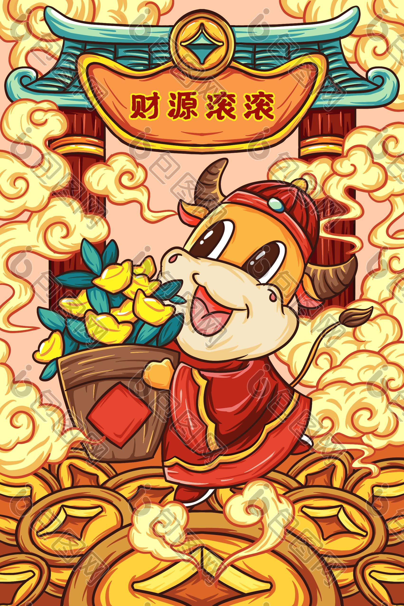 中国风2021年春节牛年贺图插画图片