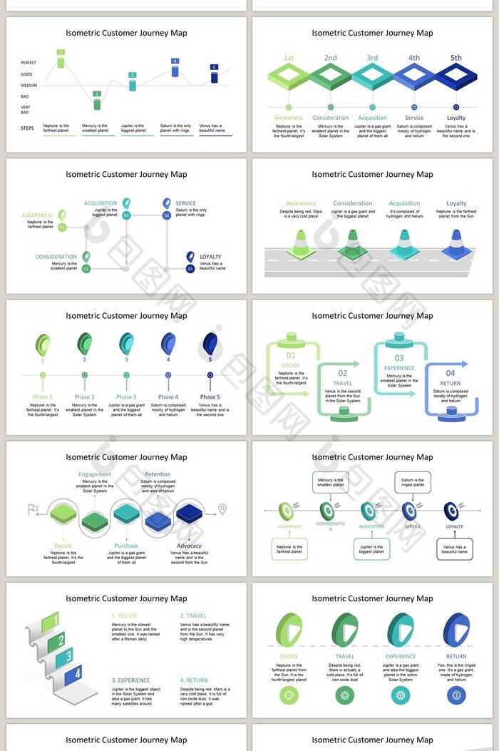 绿色立体商务图表40页图表合集PPT模板