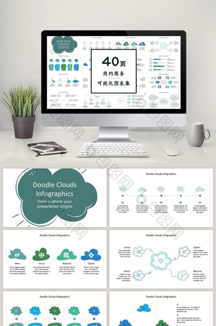 可爱云朵图表40页图表合集PPT模板